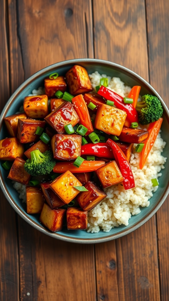 A colorful plate of Korean BBQ tempeh stir-fry with vegetables on sesame cauliflower rice, garnished with sesame seeds and green onions.
